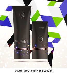 Cosmetic ads with hydrating facial cream mask bottle isolated on glitter particles background with geometric modern elements