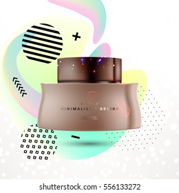 Cosmetic ads with hydrating facial cream mask bottle isolated on glitter particles background with geometric modern elements