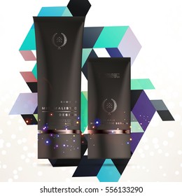 Cosmetic ads with hydrating facial cream mask bottle isolated on glitter particles background with geometric modern elements