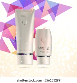 Cosmetic ads with hydrating facial cream mask bottle isolated on glitter particles background with geometric modern elements