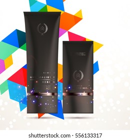 Cosmetic ads with hydrating facial cream mask bottle isolated on glitter particles background with geometric modern elements