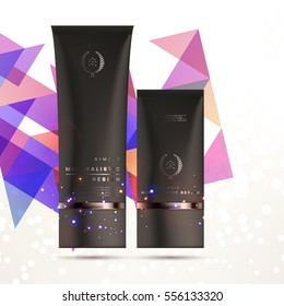 Cosmetic ads with hydrating facial cream mask bottle isolated on glitter particles background with geometric modern elements