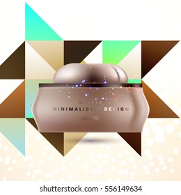 Cosmetic ads with hydrating facial cream mask bottle isolated on glitter particles background with geometric modern elements