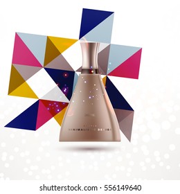 Cosmetic ads with hydrating facial cream mask bottle isolated on glitter particles background with geometric modern elements