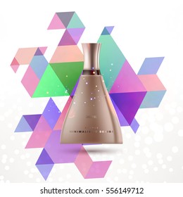 Cosmetic ads with hydrating facial cream mask bottle isolated on glitter particles background with geometric modern elements