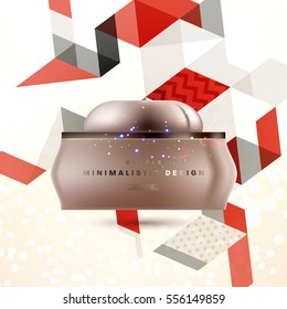 Cosmetic ads with hydrating facial cream mask bottle isolated on glitter particles background with geometric modern elements