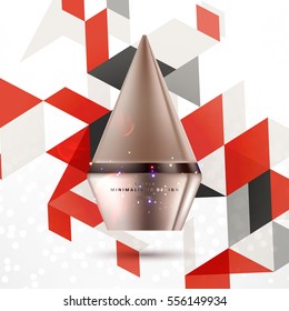 Cosmetic ads with hydrating facial cream mask bottle isolated on glitter particles background with geometric modern elements