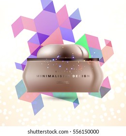 Cosmetic ads with hydrating facial cream mask bottle isolated on glitter particles background with geometric modern elements