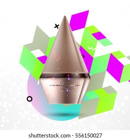 Cosmetic ads with hydrating facial cream mask bottle isolated on glitter particles background with geometric modern elements