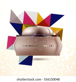 Cosmetic ads with hydrating facial cream mask bottle isolated on glitter particles background with geometric modern elements