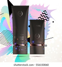 Cosmetic ads with hydrating facial cream mask bottle isolated on glitter particles background with geometric modern elements