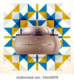 Cosmetic ads with hydrating facial cream mask bottle isolated on glitter particles background with geometric modern elements