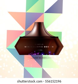 Cosmetic ads with hydrating facial cream mask bottle isolated on glitter particles background with geometric modern elements