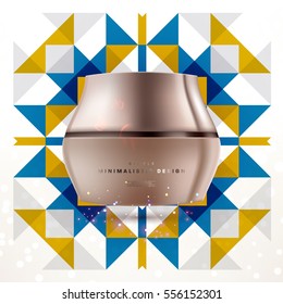 Cosmetic ads with hydrating facial cream mask bottle isolated on glitter particles background with geometric modern elements