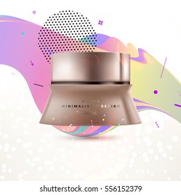 Cosmetic ads with hydrating facial cream mask bottle isolated on glitter particles background with geometric modern elements