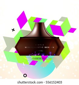Cosmetic ads with hydrating facial cream mask bottle isolated on glitter particles background with geometric modern elements
