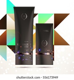 Cosmetic ads with hydrating facial cream mask bottle isolated on glitter particles background with geometric modern elements