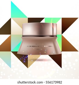 Cosmetic ads with hydrating facial cream mask bottle isolated on glitter particles background with geometric modern elements