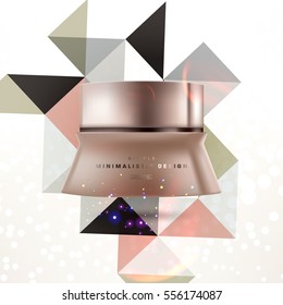 Cosmetic ads with hydrating facial cream mask bottle isolated on glitter particles background with geometric modern elements