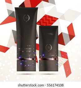 Cosmetic ads with hydrating facial cream mask bottle isolated on glitter particles background with geometric modern elements