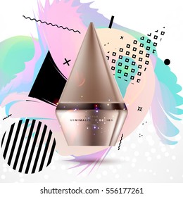 Cosmetic ads with hydrating facial cream mask bottle isolated on glitter particles background with geometric modern elements