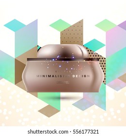 Cosmetic ads with hydrating facial cream mask bottle isolated on glitter particles background with geometric modern elements