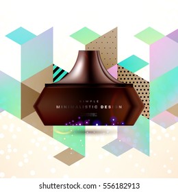 Cosmetic ads with hydrating facial cream mask bottle isolated on glitter particles background with geometric modern elements