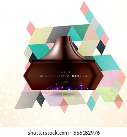 Cosmetic ads with hydrating facial cream mask bottle isolated on glitter particles background with geometric modern elements