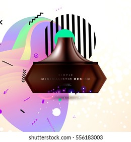 Cosmetic ads with hydrating facial cream mask bottle isolated on glitter particles background with geometric modern elements