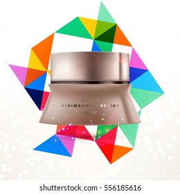 Cosmetic ads with hydrating facial cream mask bottle isolated on glitter particles background with geometric modern elements