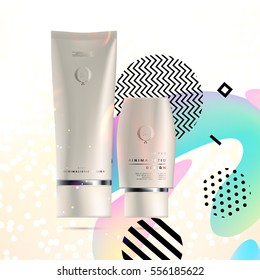 Cosmetic ads with hydrating facial cream mask bottle isolated on glitter particles background with geometric modern elements