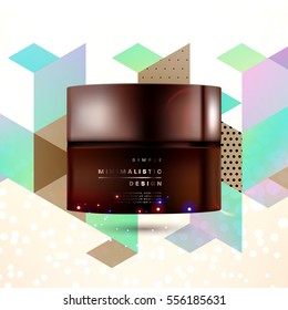 Cosmetic ads with hydrating facial cream mask bottle isolated on glitter particles background with geometric modern elements