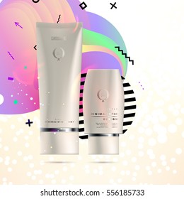 Cosmetic ads with hydrating facial cream mask bottle isolated on glitter particles background with geometric modern elements