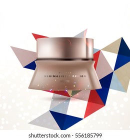 Cosmetic ads with hydrating facial cream mask bottle isolated on glitter particles background with geometric modern elements