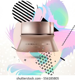 Cosmetic ads with hydrating facial cream mask bottle isolated on glitter particles background with geometric modern elements