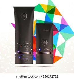 Cosmetic ads with hydrating facial cream mask bottle isolated on glitter particles background with geometric modern elements