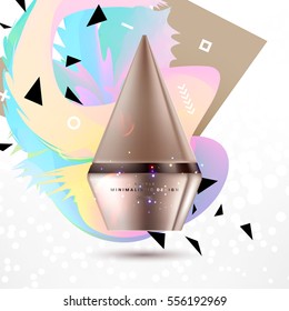 Cosmetic ads with hydrating facial cream mask bottle isolated on glitter particles background with geometric modern elements