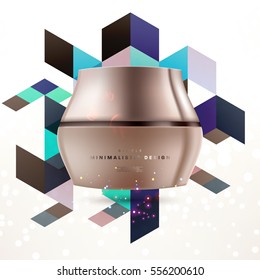 Cosmetic ads with hydrating facial cream mask bottle isolated on glitter particles background with geometric modern elements