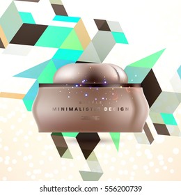 Cosmetic ads with hydrating facial cream mask bottle isolated on glitter particles background with geometric modern elements