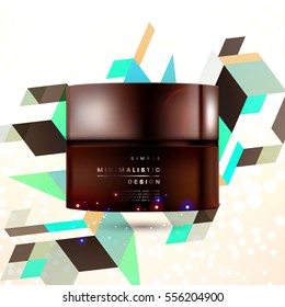 Cosmetic ads with hydrating facial cream mask bottle isolated on glitter particles background with geometric modern elements