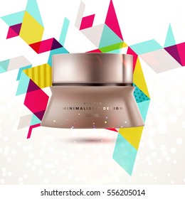Cosmetic ads with hydrating facial cream mask bottle isolated on glitter particles background with geometric modern elements