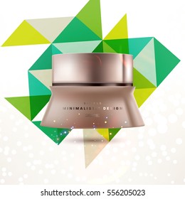 Cosmetic ads with hydrating facial cream mask bottle isolated on glitter particles background with geometric modern elements