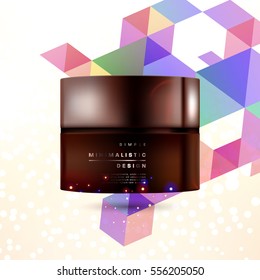 Cosmetic ads with hydrating facial cream mask bottle isolated on glitter particles background with geometric modern elements