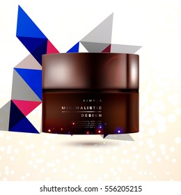 Cosmetic ads with hydrating facial cream mask bottle isolated on glitter particles background with geometric modern elements