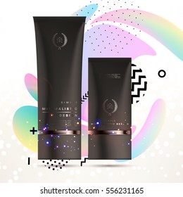 Cosmetic ads with hydrating facial cream mask bottle isolated on glitter particles background with geometric modern elements