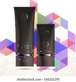 Cosmetic ads with hydrating facial cream mask bottle isolated on glitter particles background with geometric modern elements