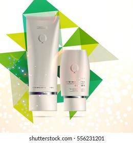 Cosmetic ads with hydrating facial cream mask bottle isolated on glitter particles background with geometric modern elements