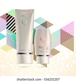 Cosmetic ads with hydrating facial cream mask bottle isolated on glitter particles background with geometric modern elements