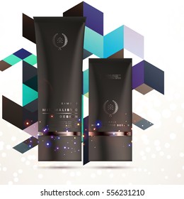 Cosmetic ads with hydrating facial cream mask bottle isolated on glitter particles background with geometric modern elements