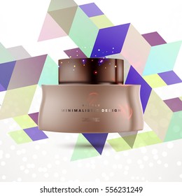 Cosmetic ads with hydrating facial cream mask bottle isolated on glitter particles background with geometric modern elements